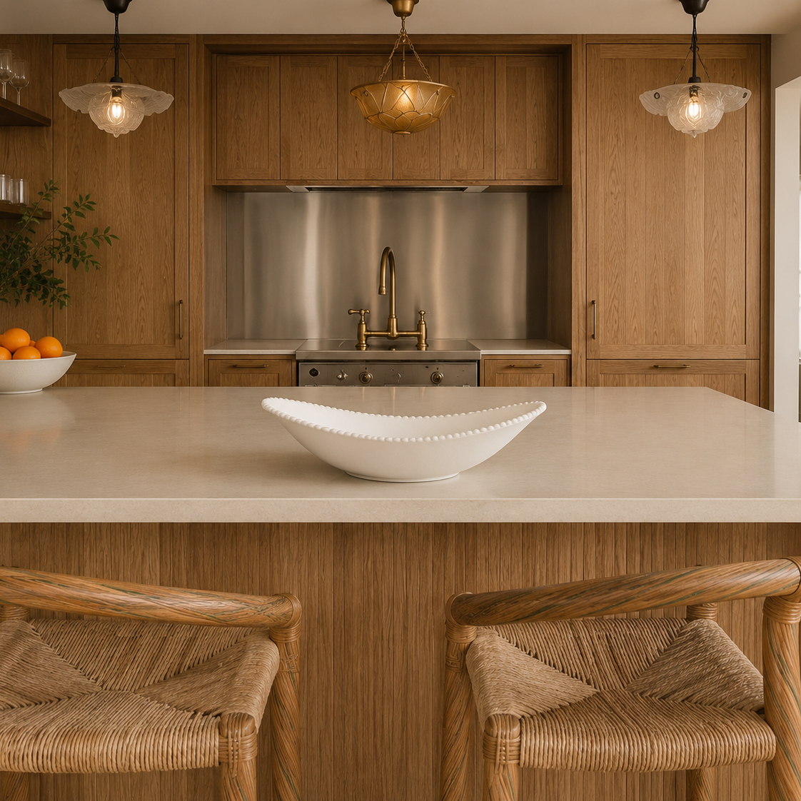 Modern kitchen with wooden cabinets, white countertops, and wicker chairs.