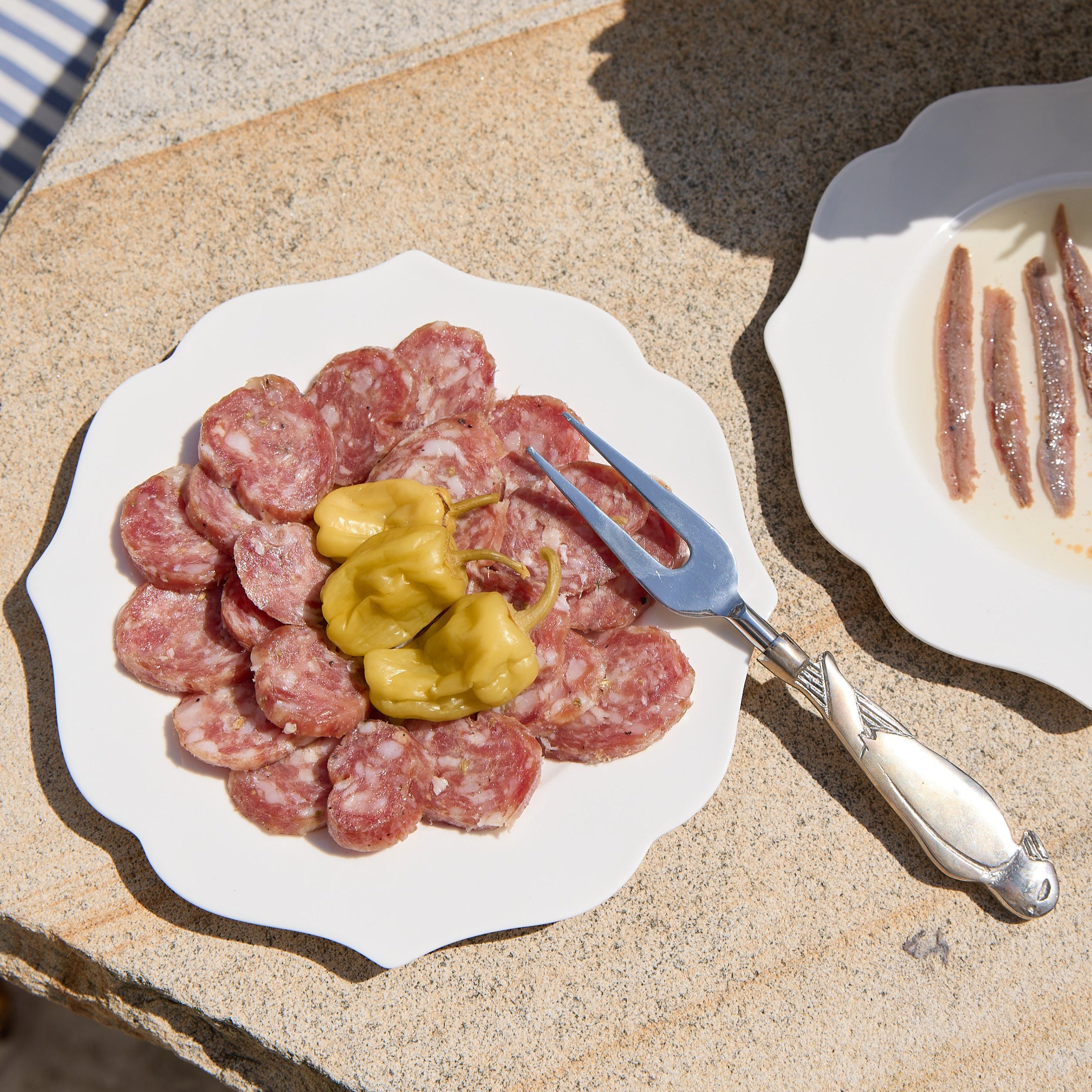 Plates of salami and mustard on a stone surface
