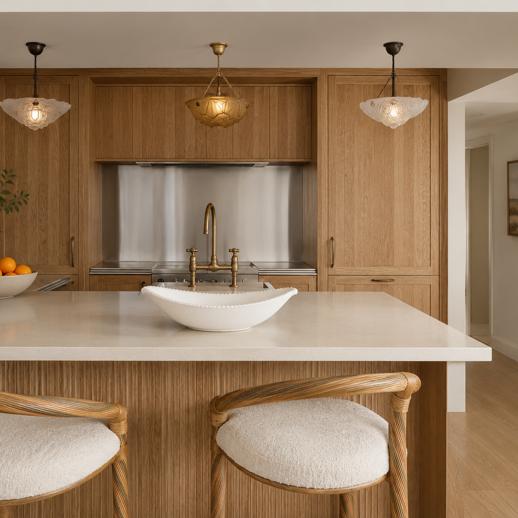 Modern kitchen with wooden cabinets, marble countertop, and two stools.