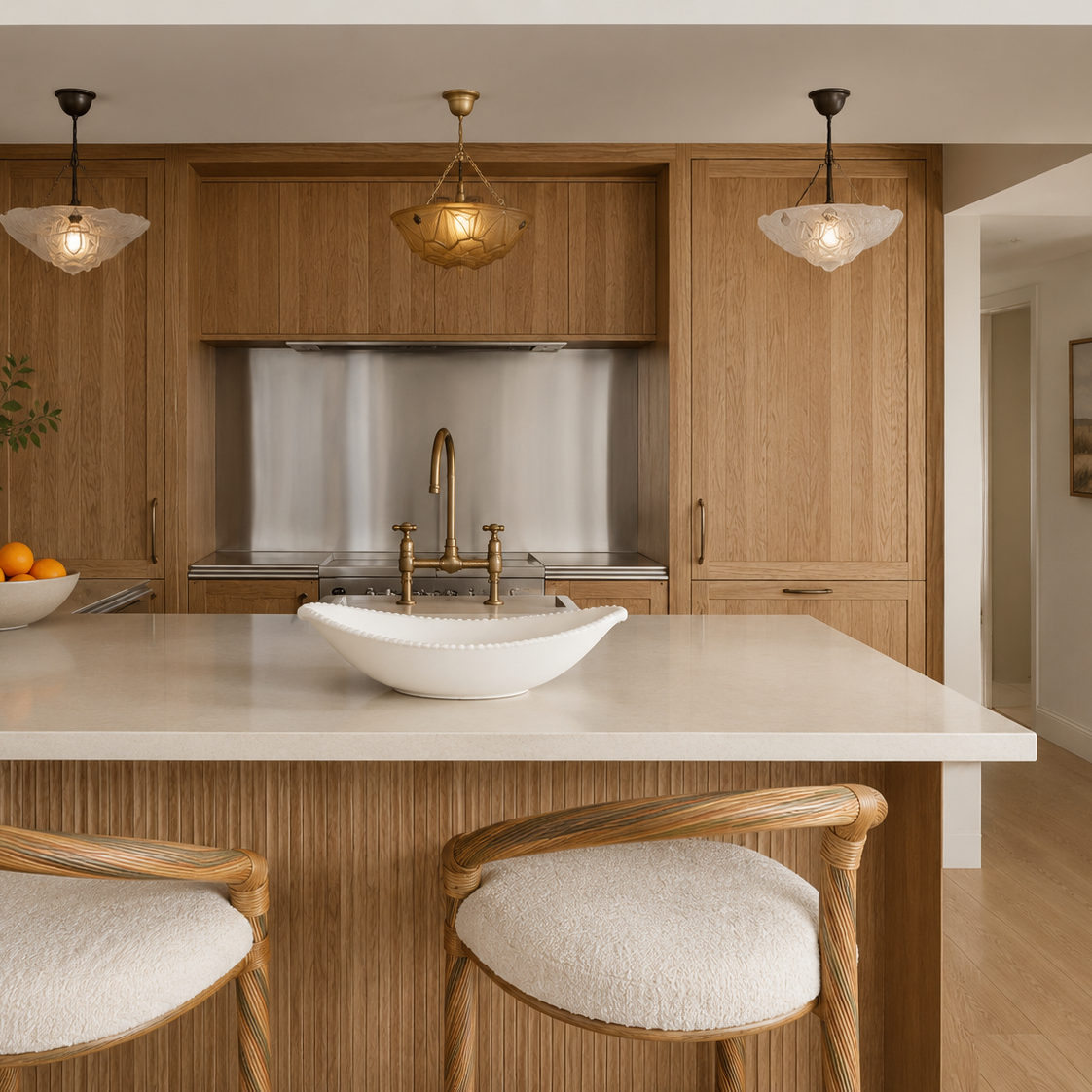 Modern kitchen with wooden cabinets, marble countertop, and two stools.