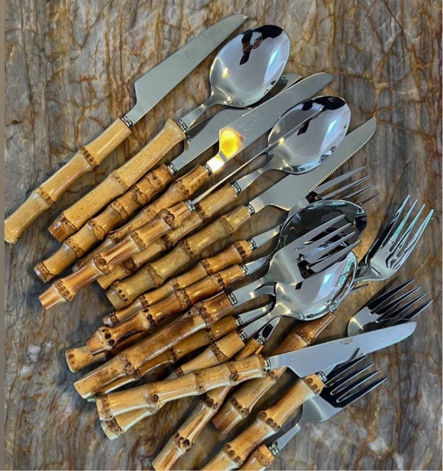 18 Piece Bamboo Cutlery Set in Silver (On Pre-Order) - LA CASA HOMEWARES